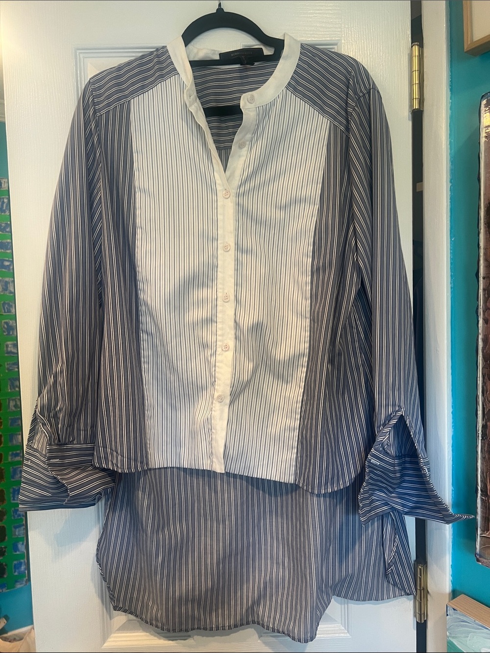 BCBGMaxAzria Navy and White Striped Button-Down Shirt